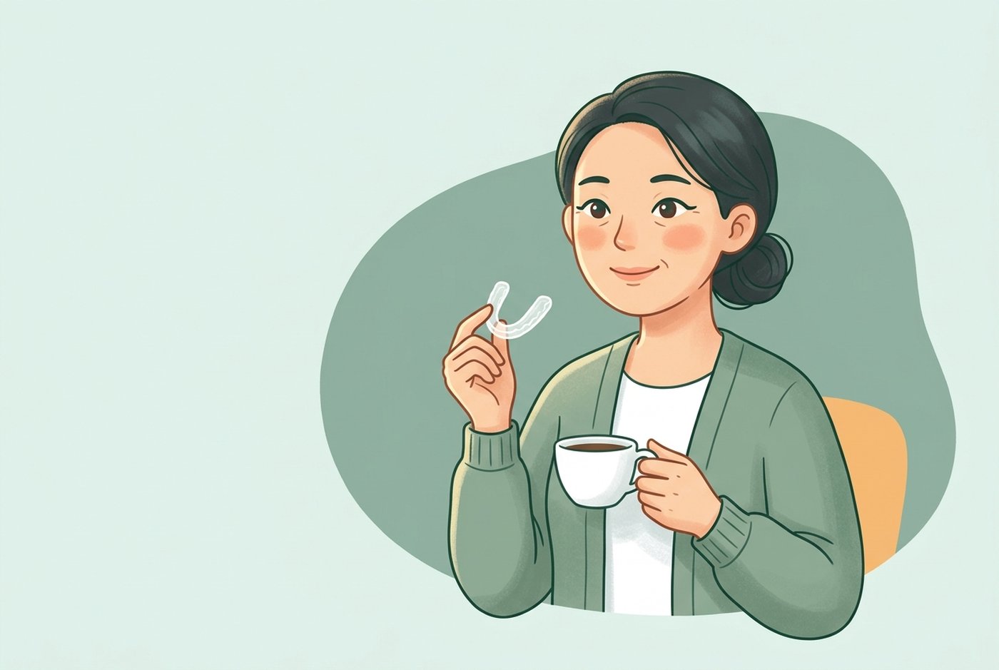 Illustration: Eine entspannte Frau hält eine Tasse Kaffee in der einen Hand und eine transparente Aligner-Schiene in der anderen.