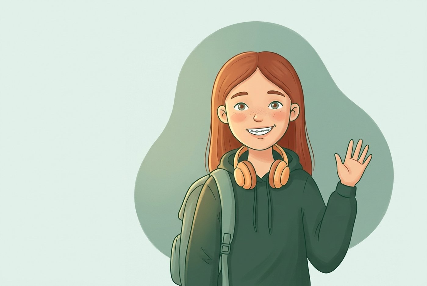 Illustration: Eine lächelnde Jugendliche mit fester Zahnspange, Kopfhörern um den Hals und Rucksack winkt freundlich.