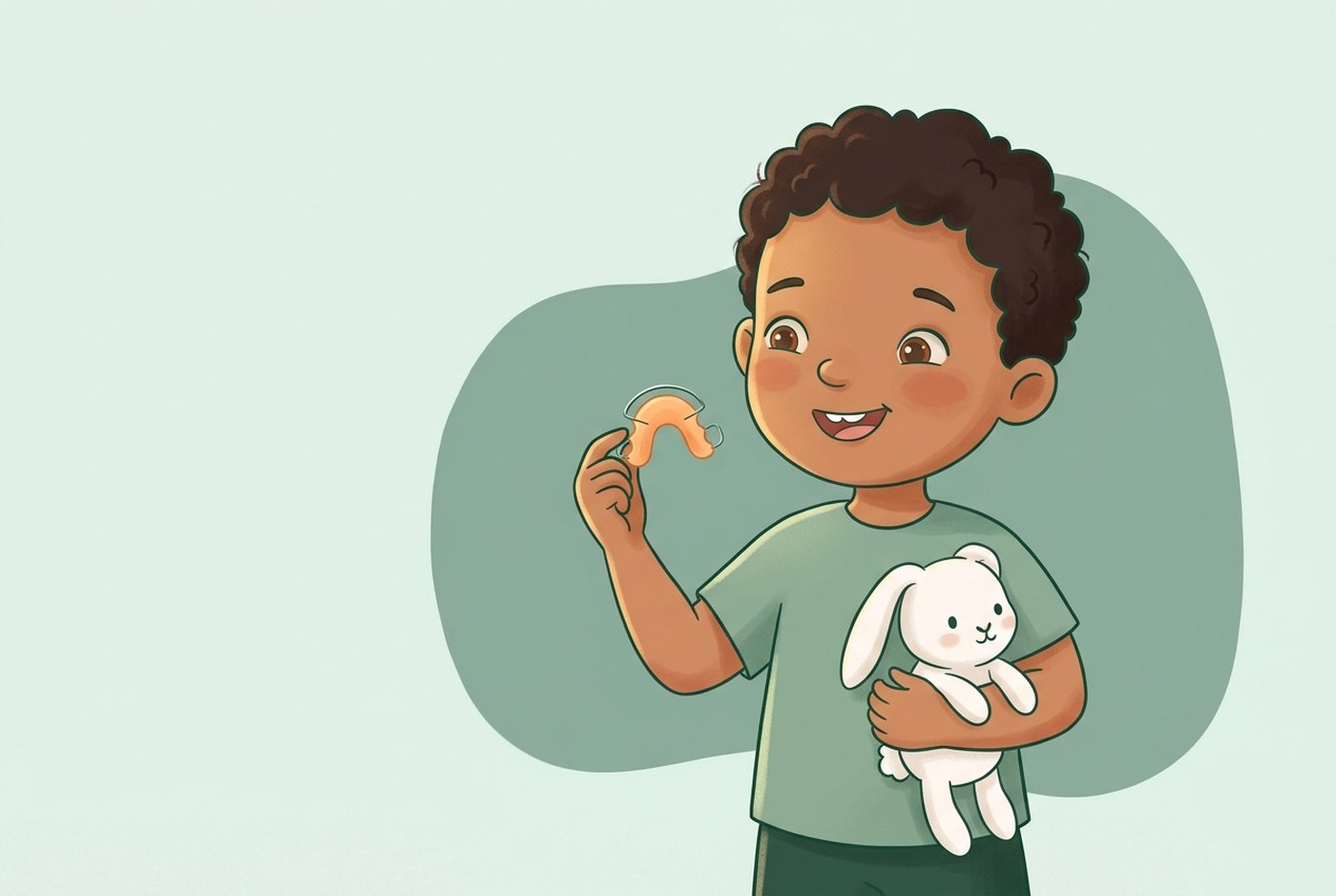 Illustration: Ein lachendes Kind hält eine herausnehmbare Zahnspange in der Hand und drückt ein Kuschelhäschen an sich.