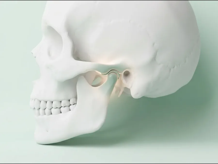 3D-Darstellung eines Kiefergelenks von der Seite, das Gelenk ist grün hervorgehoben