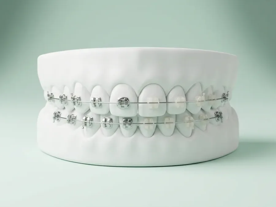 Zahnmodell mit fester Zahnspange: links Metallbrackets, rechts zahnfarbene Keramikbrackets