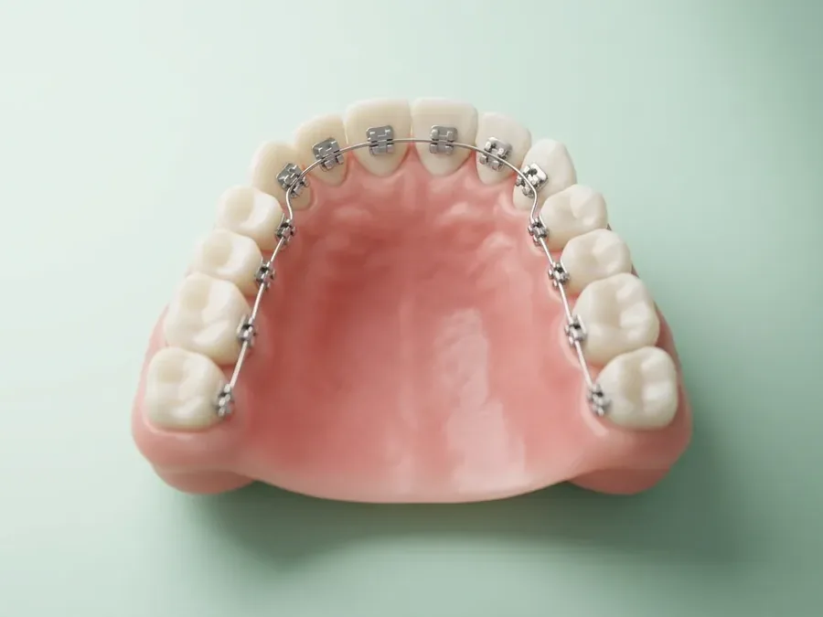 Oberkiefer von oben: Brackets und Bogen liegen auf der Innenseite der Zähne