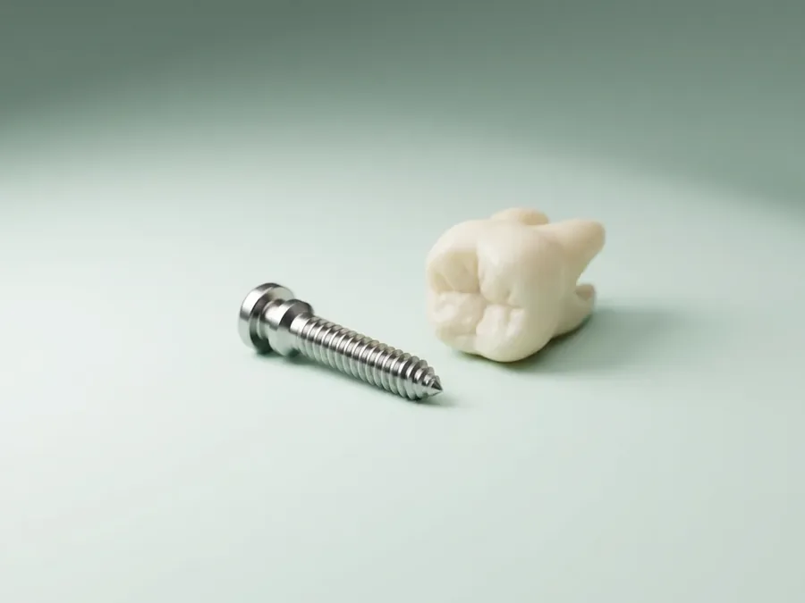 Kleine Minischraube aus Titan neben einem Zahnmodell, zum Größenvergleich
