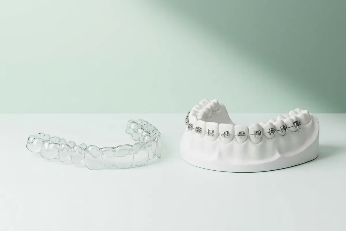 Transparente Aligner-Schiene neben einem Zahnmodell mit fester Zahnspange aus Metallbrackets
