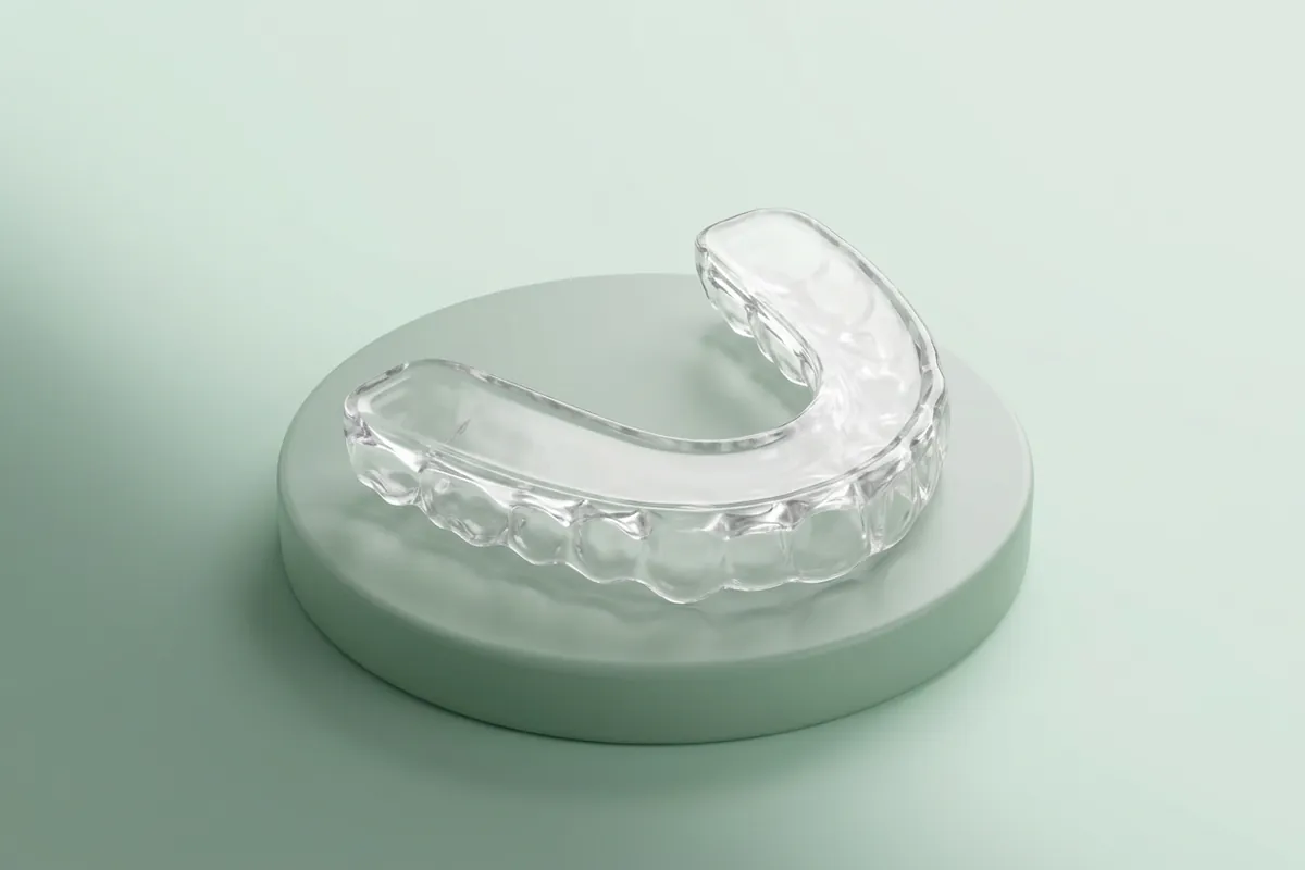 Transparente Aufbissschiene mit glatter Kaufläche auf einem mintgrünen Sockel