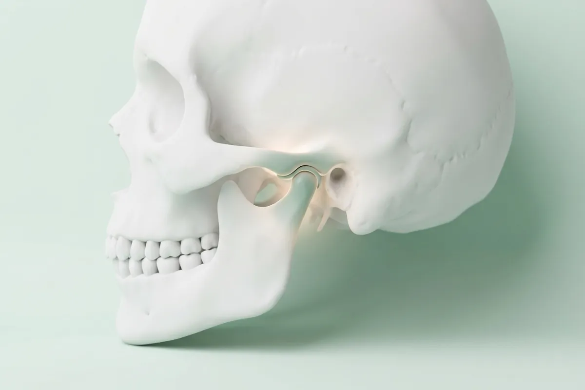 3D-Darstellung eines Schädels von der Seite, das Kiefergelenk mit Gelenkkopf und Gelenkscheibe vor dem Ohr ist sanft grün hervorgehoben