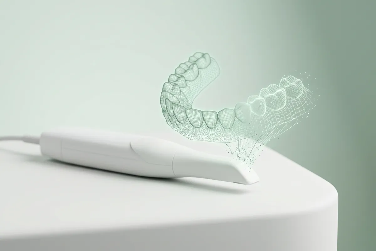 Weißer Intraoralscanner, aus dessen Spitze ein halbtransparentes 3D-Modell eines Zahnbogens aus feinen grünen Linien entsteht