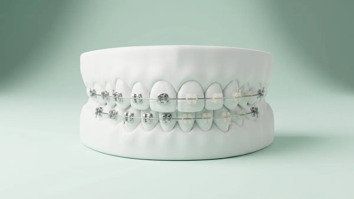 Zahnmodell mit fester Zahnspange: links silberne Metallbrackets, rechts zahnfarbene Keramikbrackets, verbunden durch einen dünnen Bogen