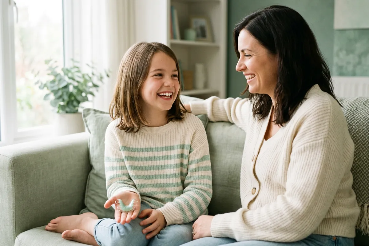 Lachendes Mädchen sitzt mit seiner Mutter auf dem Sofa und hält seine herausnehmbare Zahnspange in der Hand