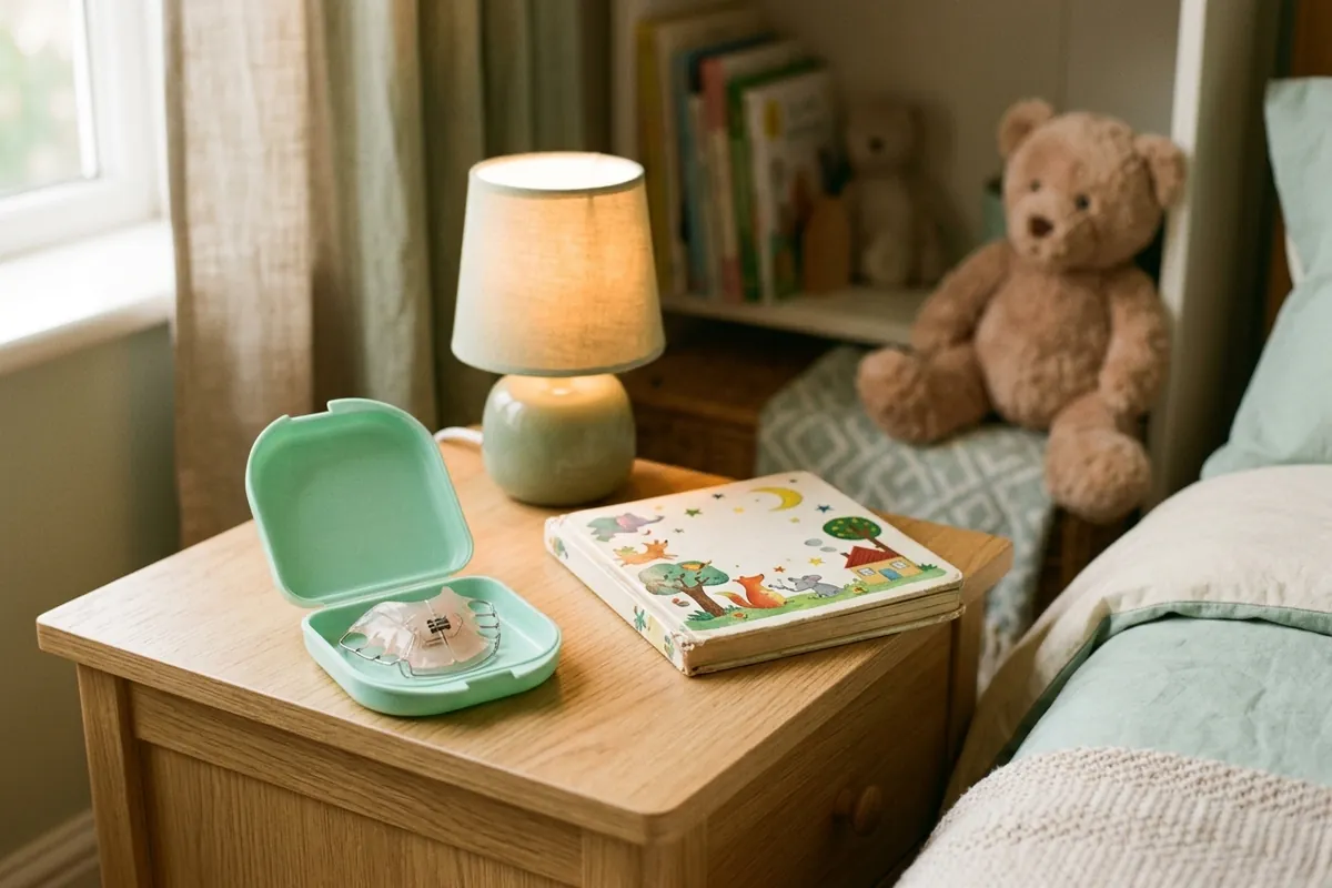 Offene Aufbewahrungsdose mit herausnehmbarer Zahnspange auf dem Nachttisch im Kinderzimmer neben einem Bilderbuch und einer Nachttischlampe