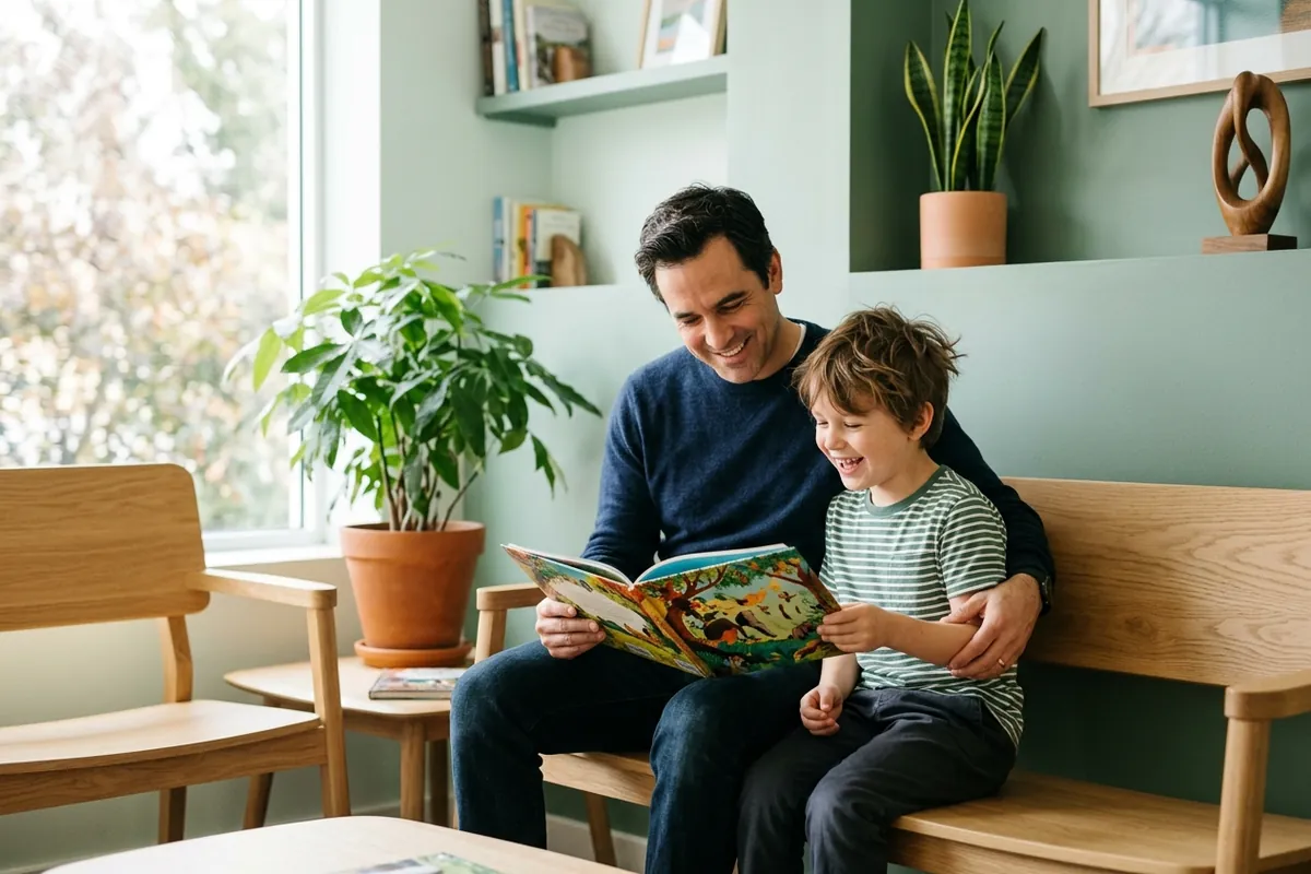 Vater und Sohn sitzen im hellen Wartebereich auf einer Holzbank und schauen gemeinsam ein Bilderbuch an