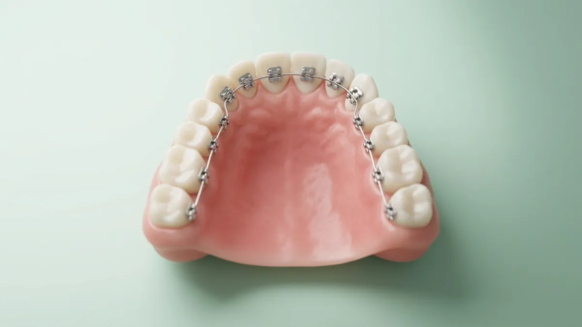 3D-Darstellung eines Oberkiefers von oben: Brackets und Bogen liegen auf der Innenseite der Zähne, die Außenseite bleibt frei
