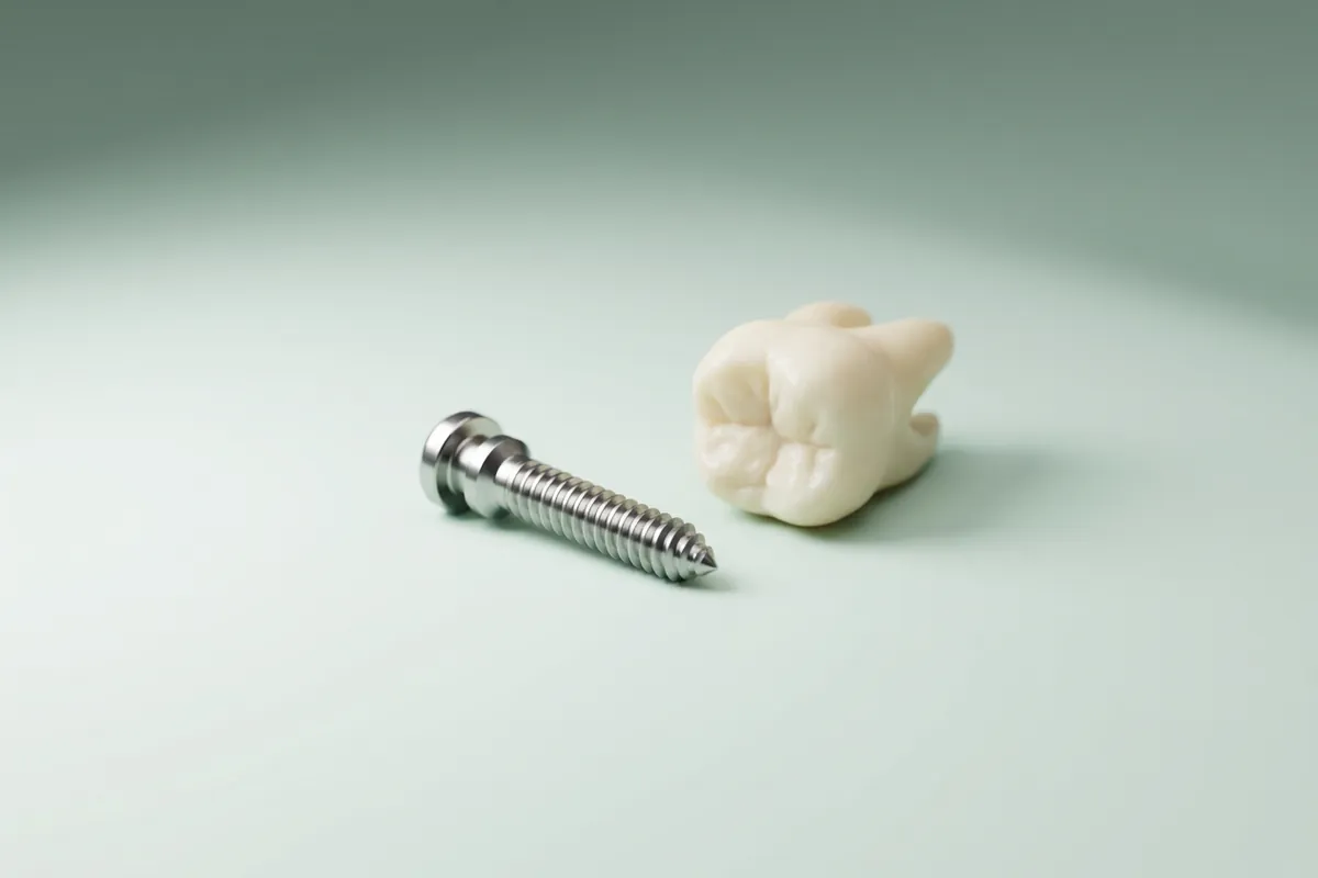 3D-Darstellung einer kleinen Minischraube aus Titan neben einem Zahnmodell, zum Größenvergleich