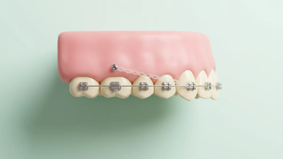 3D-Modell eines Oberkiefers mit fester Zahnspange: Eine kleine Minischraube im Zahnfleisch dient als Haltepunkt, von ihr führt eine Gummikette zu einem vorderen Zahn