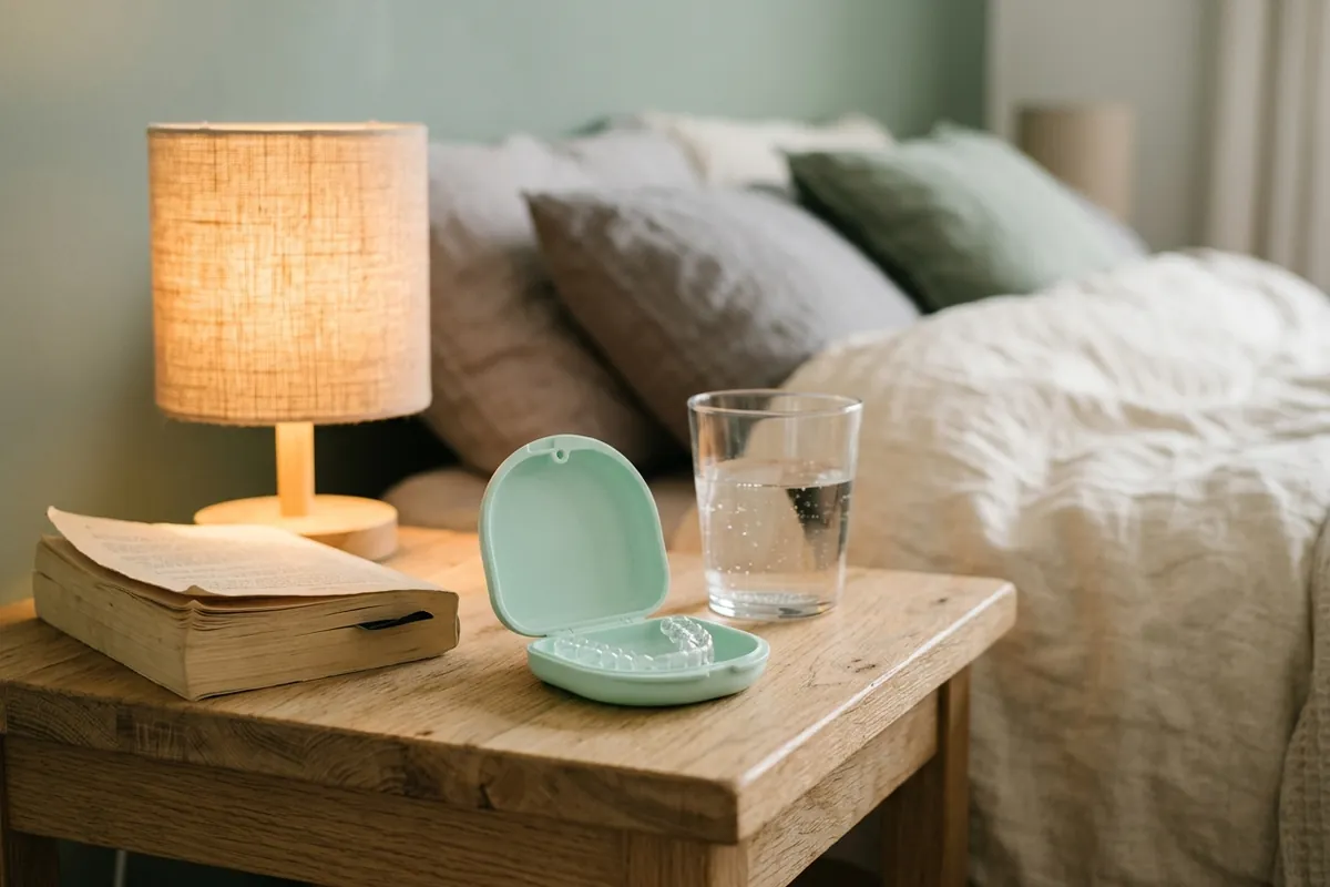 Geöffnete Retainerdose mit transparentem Retainer auf einem Nachttisch neben Wasserglas, Buch und Leselampe