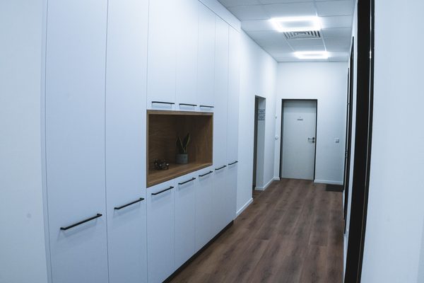 Flur mit weißer Einbauschrankwand und offener Holznische mit Pflanze